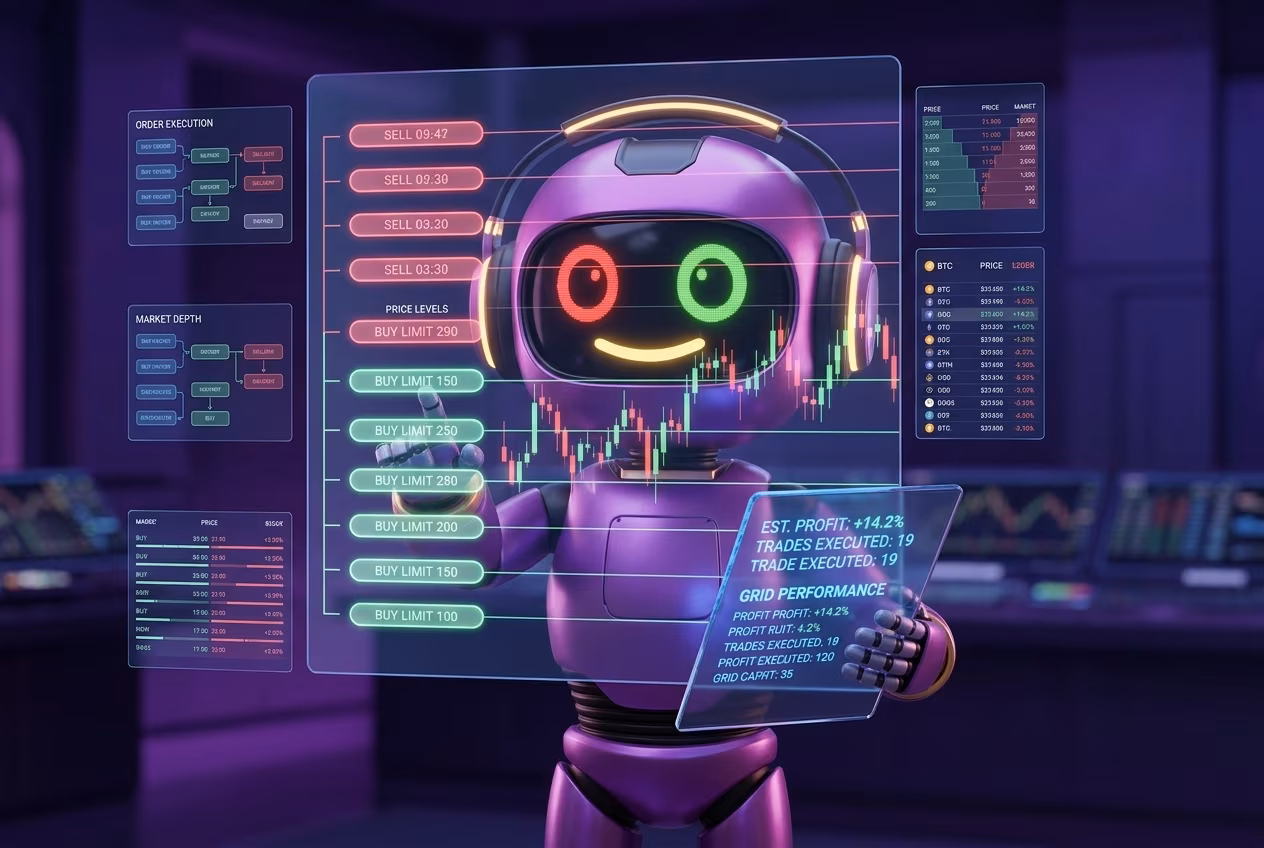 Робот-трейдер объясняет стратегию grid trading на волатильном криптовалютном рынке