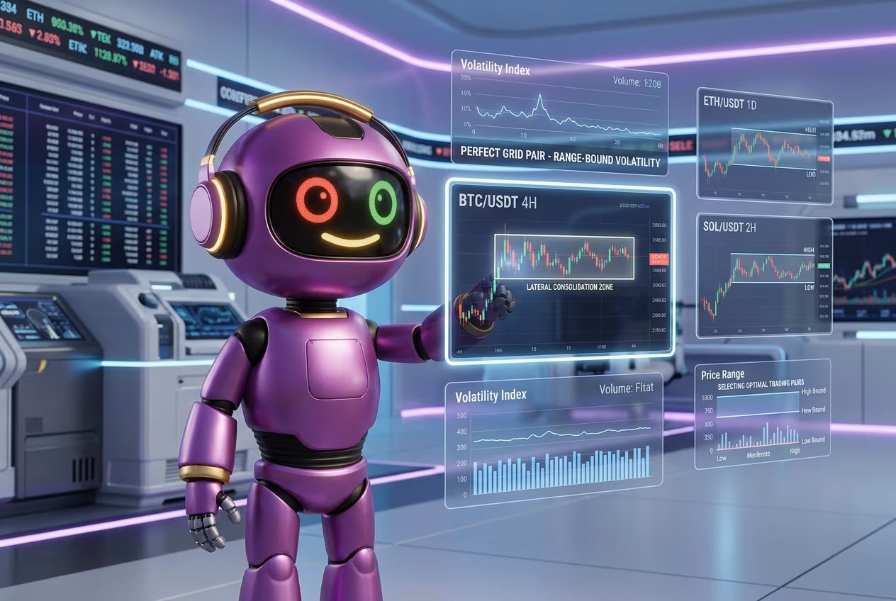 Робот-трейдер анализирует боковой тренд криптовалют для выбора монеты грид бота