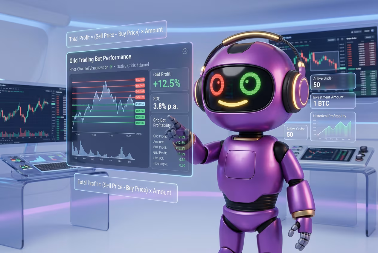 Робот-трейдер анализирует метрики доходности грид бота на голографическом дашборде