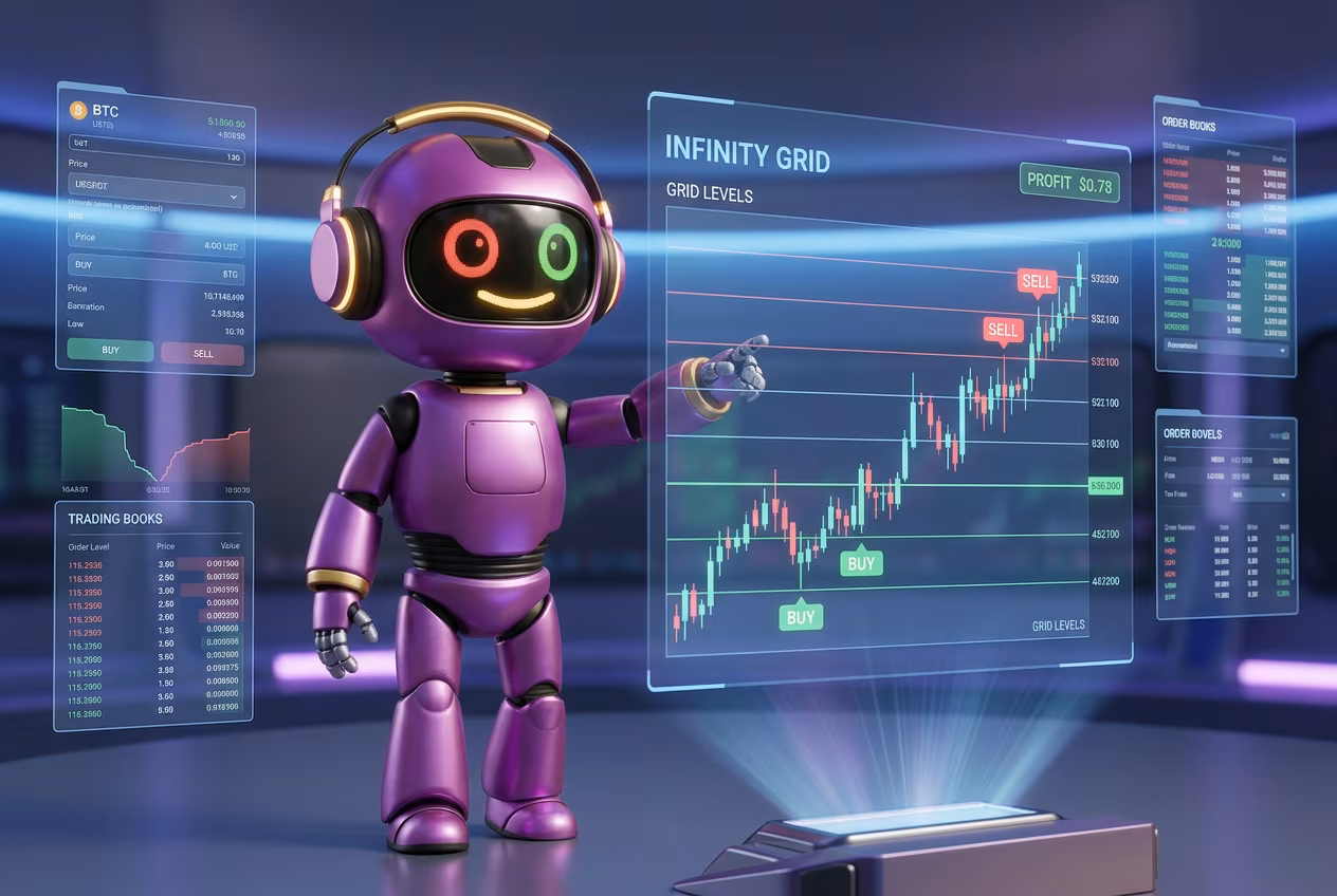 Робот-трейдер объясняет стратегию Infinity Grid на растущем графике криптовалюты