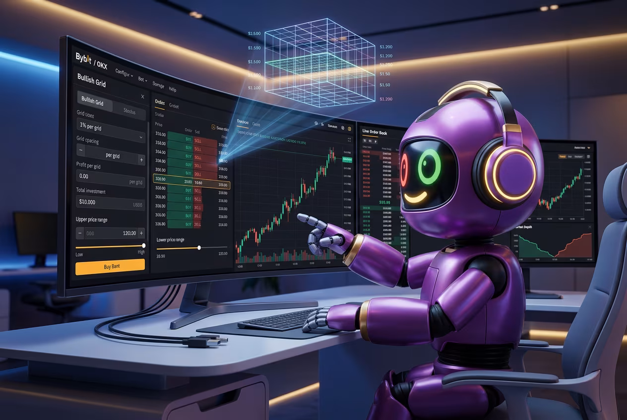 Робот-трейдер объясняет стратегию Infinity Grid на растущем графике криптовалюты