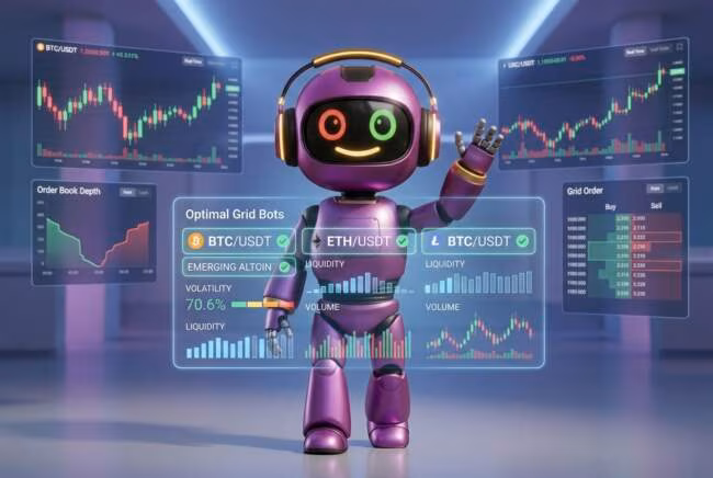 Робот объясняет выбор криптопары для grid bot