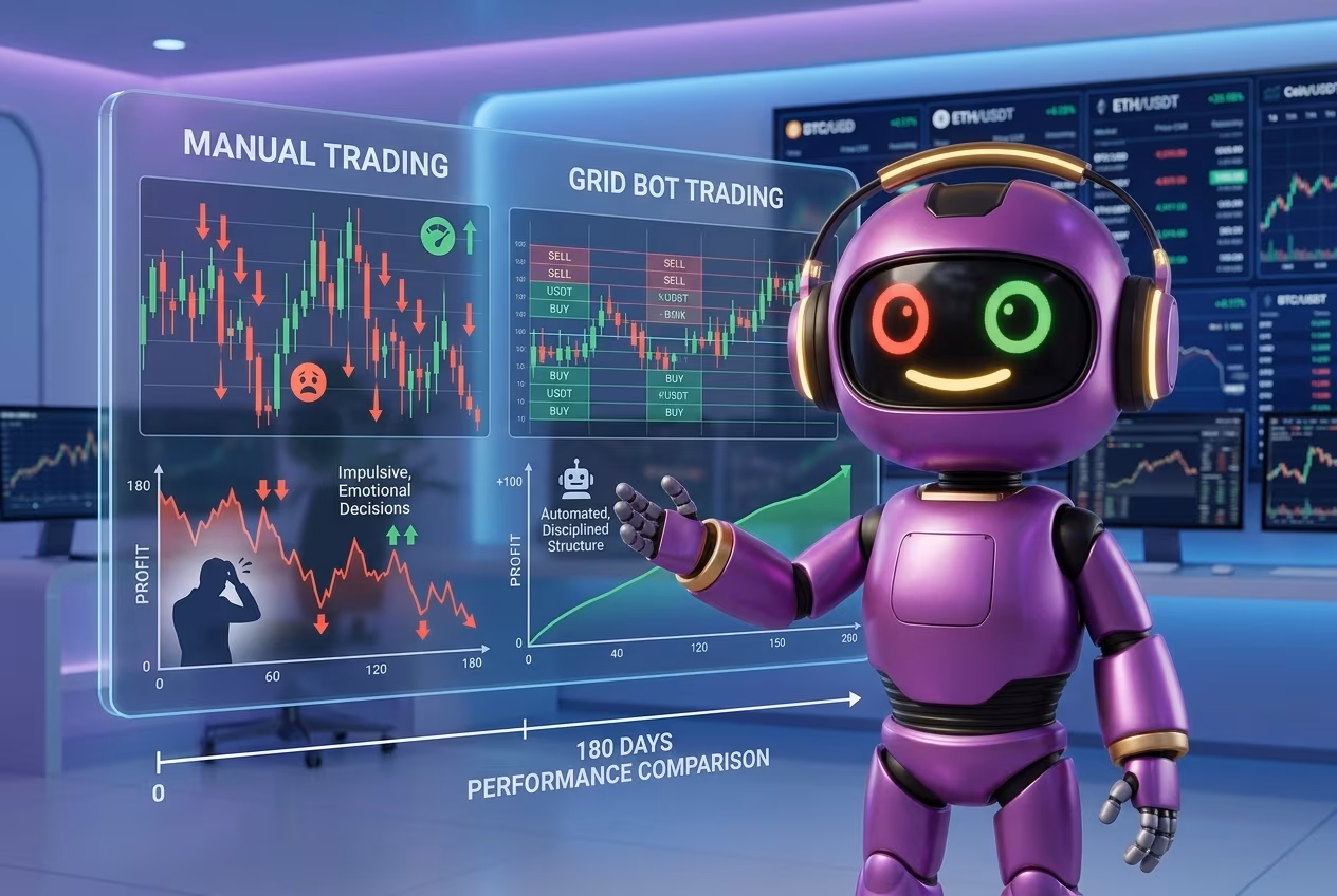 Робот-советник демонстрирует выбор криптопары для grid bot на биржах OKX и Bybit