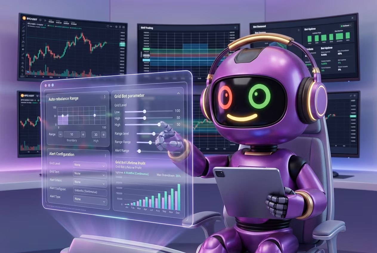 Робот-трейдер анализирует многомесячную работу грид бота на криптовалютной бирже