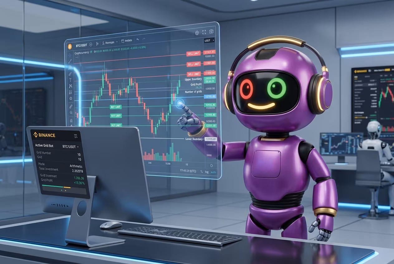 Робот объясняет структуру сетки ордеров грид бота на Binance с уровнями покупки и продажи