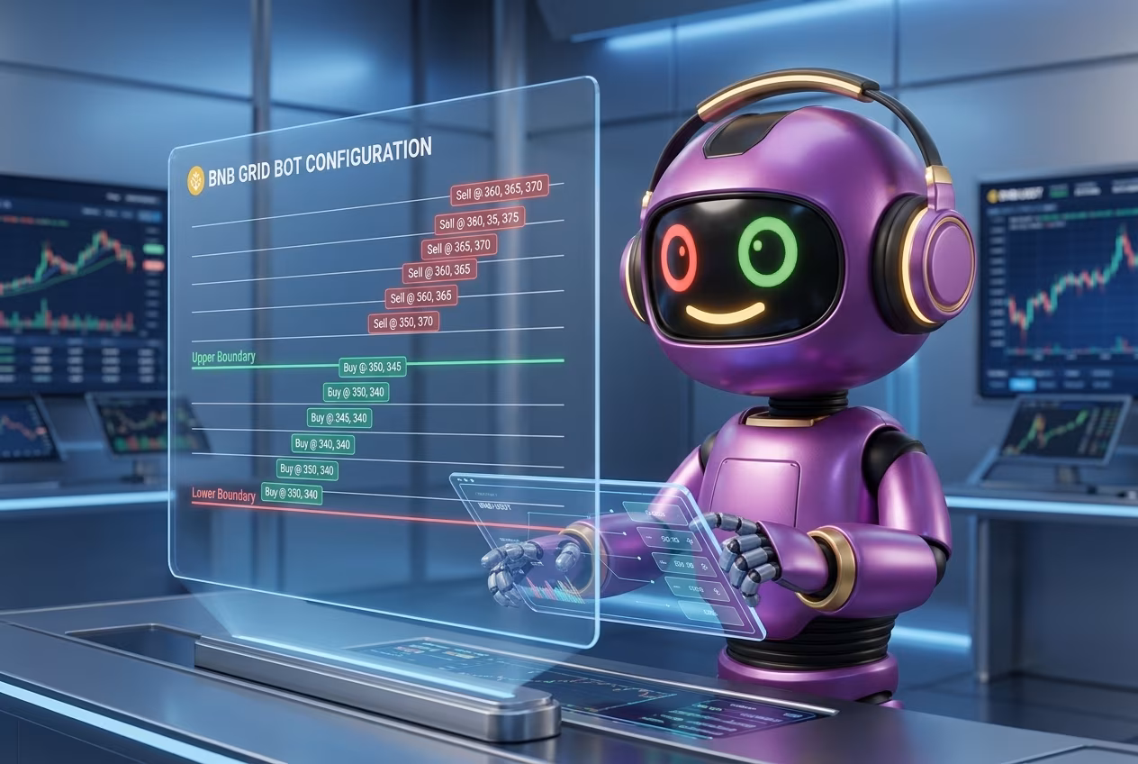 Робот настраивает грид бот на BNB с границами и ордерами покупки-продажи