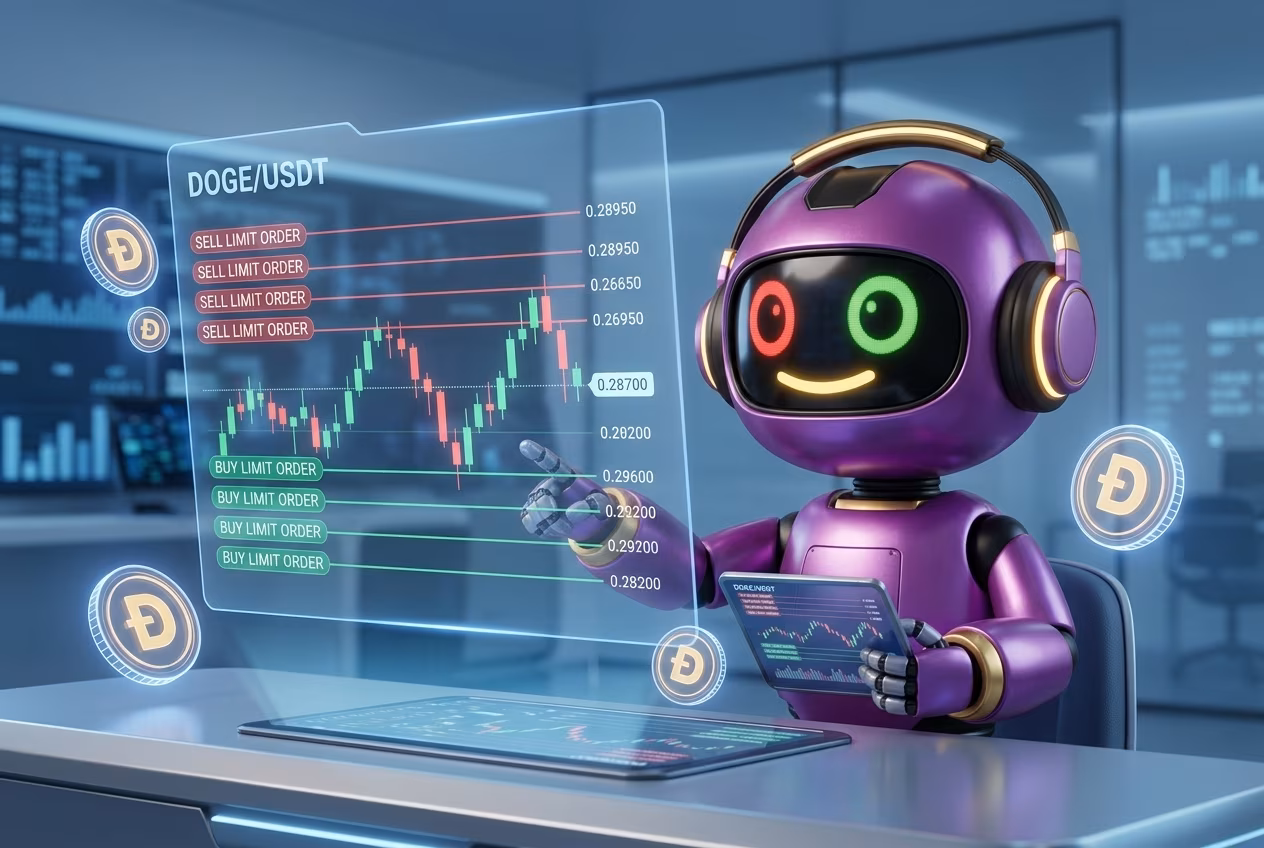 Робот-трейдер настраивает грид бот на DOGE с уровнями сетки и ордерами