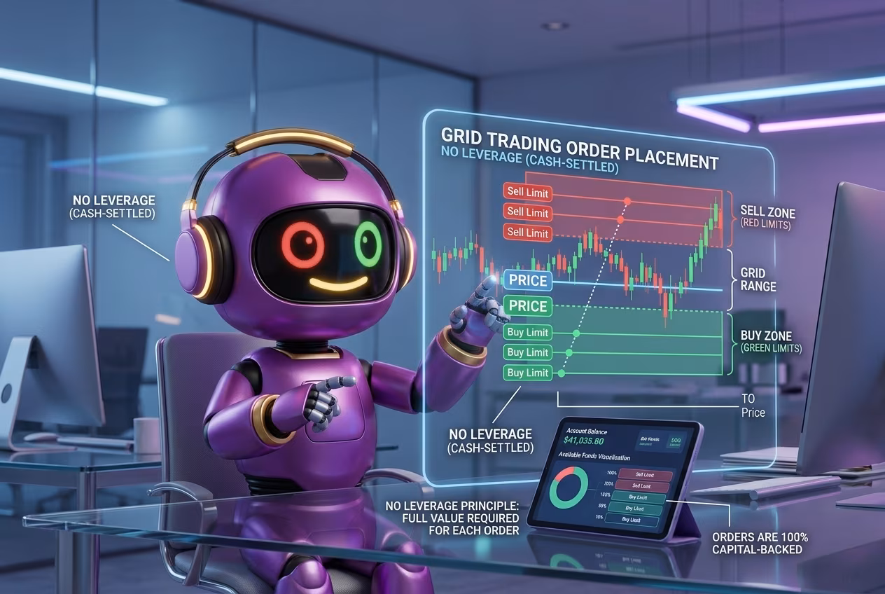 Робот объясняет принцип расстановки лимитных ордеров в грид трейдинг без плеча