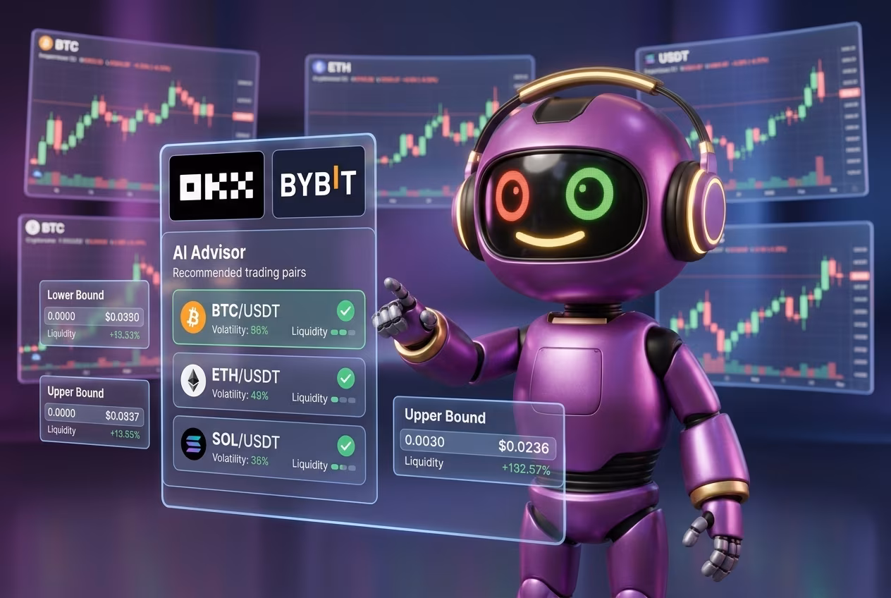 Робот-советник демонстрирует выбор криптопары для grid bot на биржах OKX и Bybit