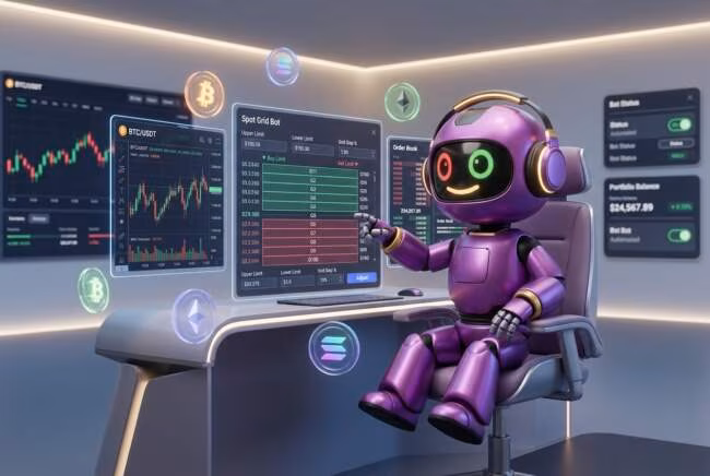 Робот настраивает спотовый грид бот криптовалюты