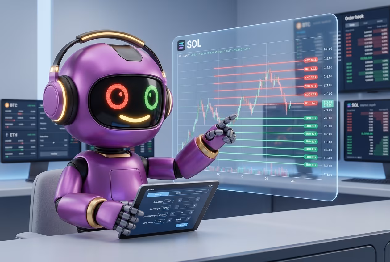 Робот-трейдер настраивает грид бот на SOL с сеткой ордеров внутри торгового канала