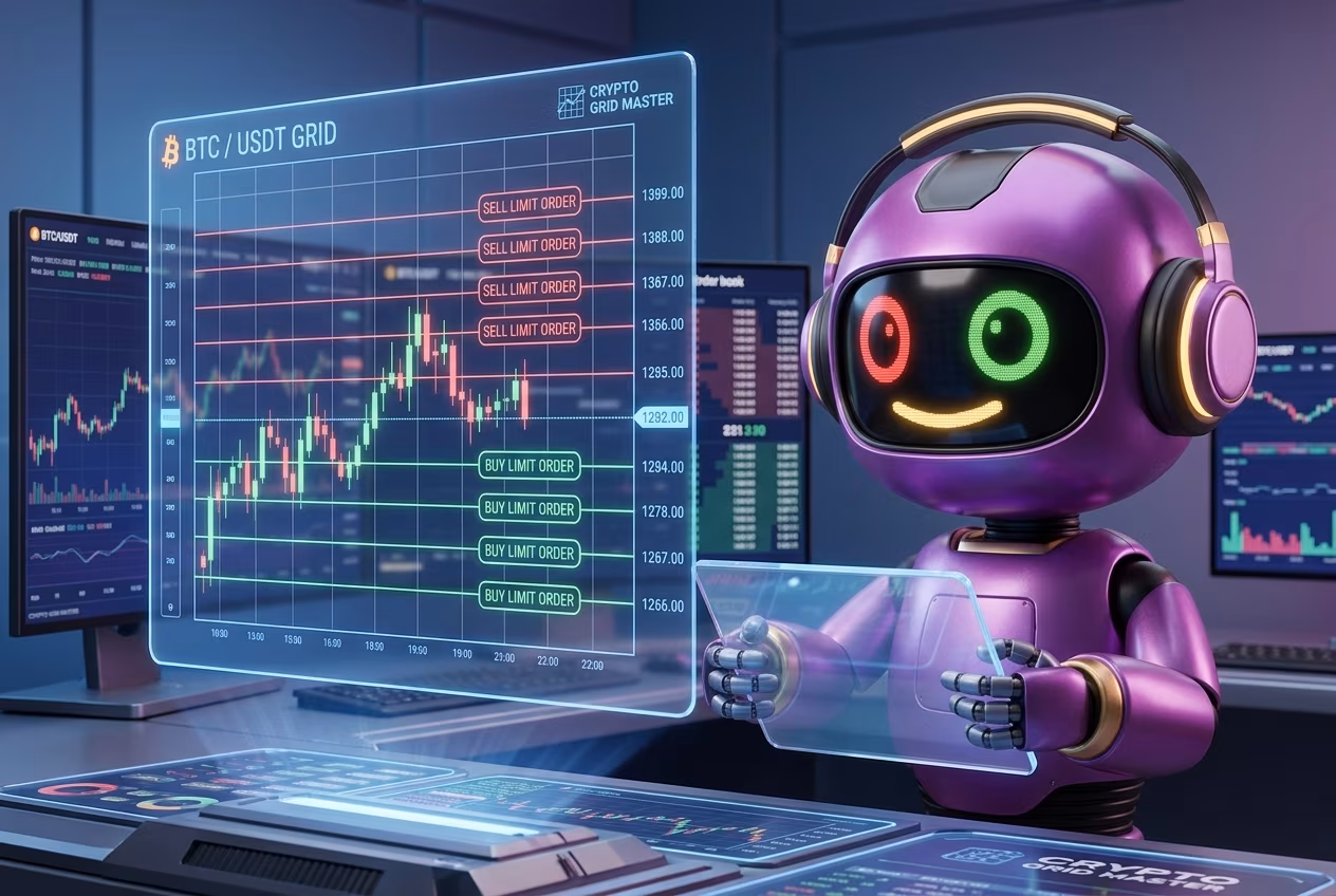 Робот настраивает грид бот на Bitcoin BTC/USDT с ордерами покупки и продажи