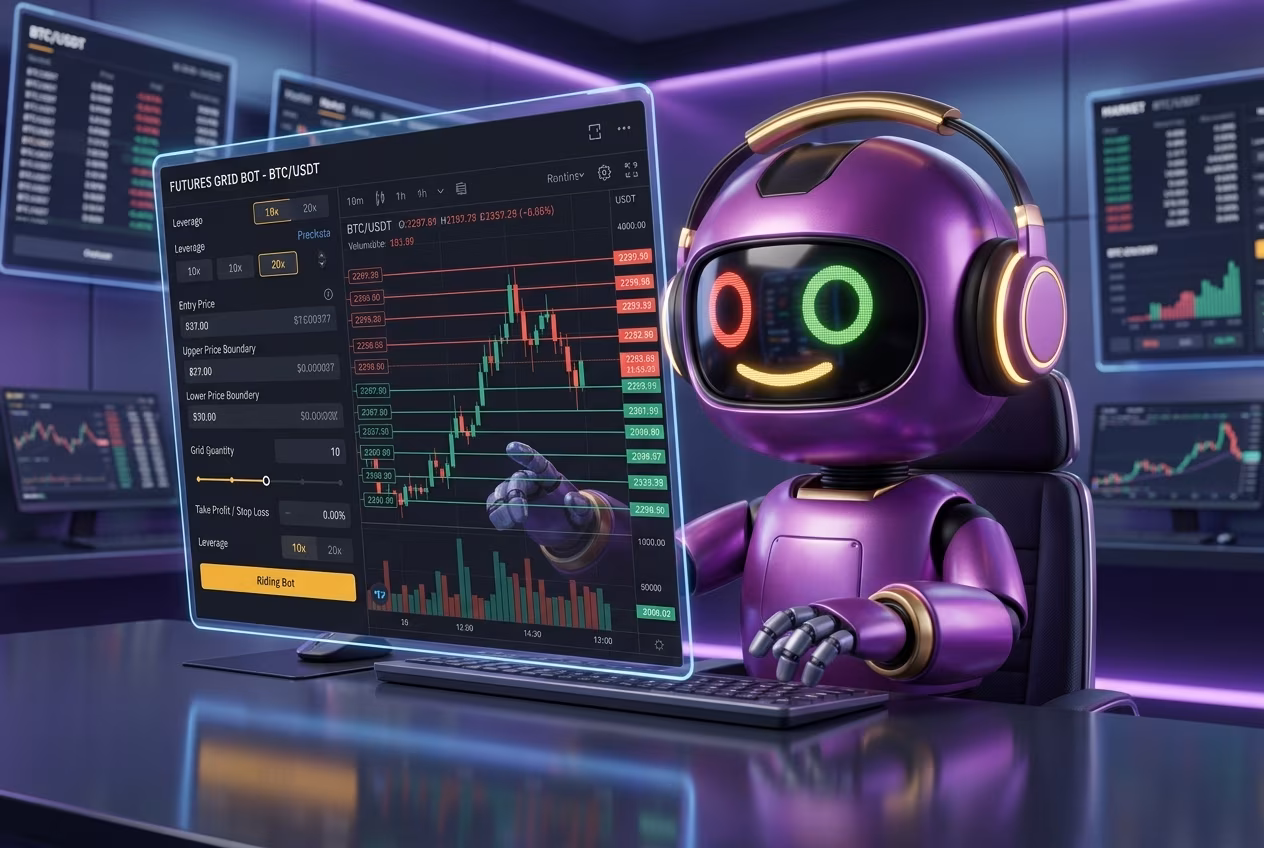 Робот-трейдер анализирует сетку ордеров с плечом на криптовалютном графике
