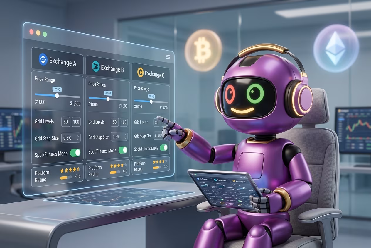 Робот-аналитик сравнивает параметры настройки грид-ботов на лучших биржах для грид трейдинга