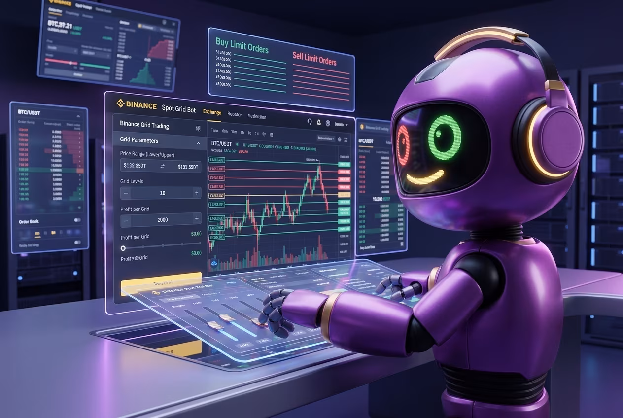 Робот объясняет принцип работы спотового грид бота в криптовалюте на торговом экране