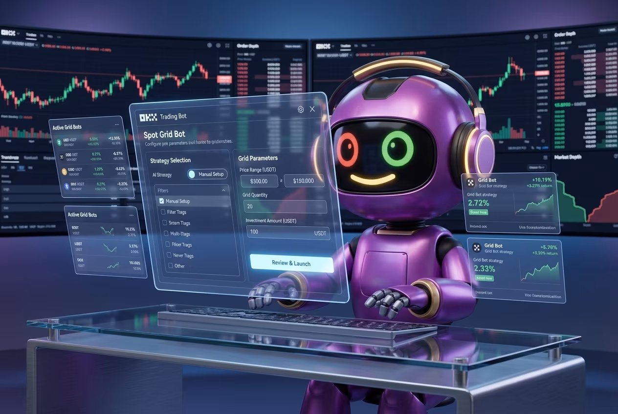 Робот настраивает параметры грид бота на OKX через интерфейс выбора стратегии