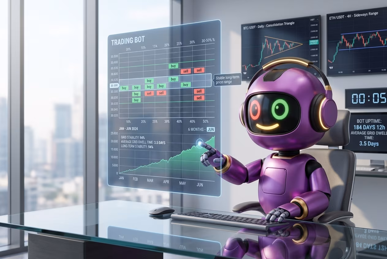 Робот-трейдер анализирует многомесячную работу грид бота на криптовалютной бирже