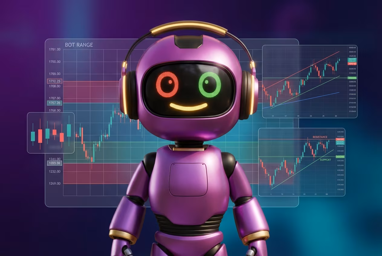 Робот-помощник объясняет выбор диапазона цен для грид бота на криптобирже