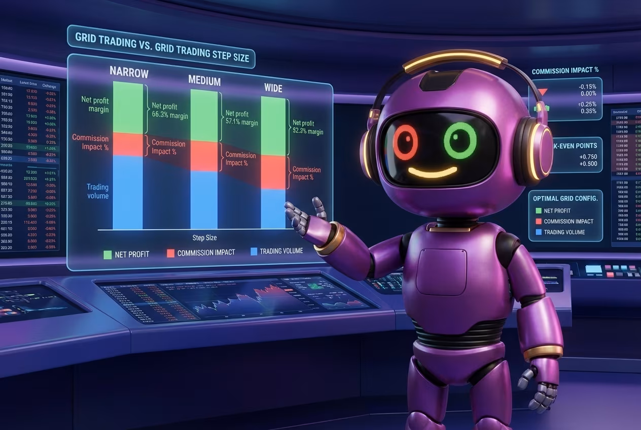 Робот-трейдер объясняет влияние комиссии биржи на прибыль при расчёте шага сетки грид бота