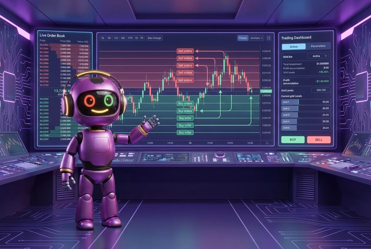 Робот объясняет механизм работы спотового грид бота с лимитными ордерами