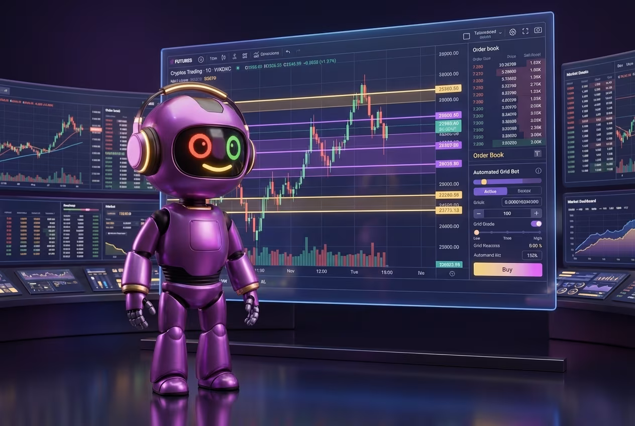 Робот-трейдер анализирует сетку ордеров грид бота в криптовалюте