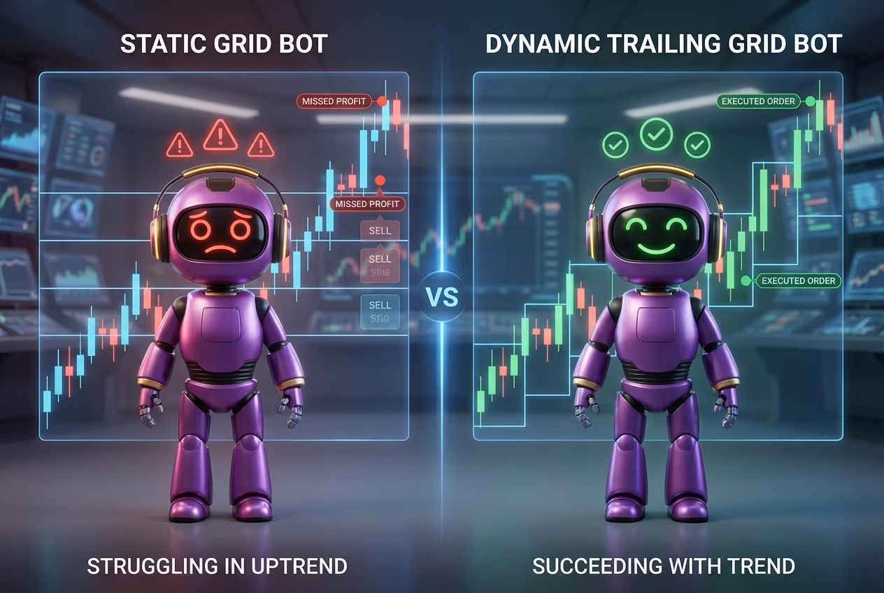 Сравнение статической и динамической сетки грид бота в тренде на криптовалютном рынке