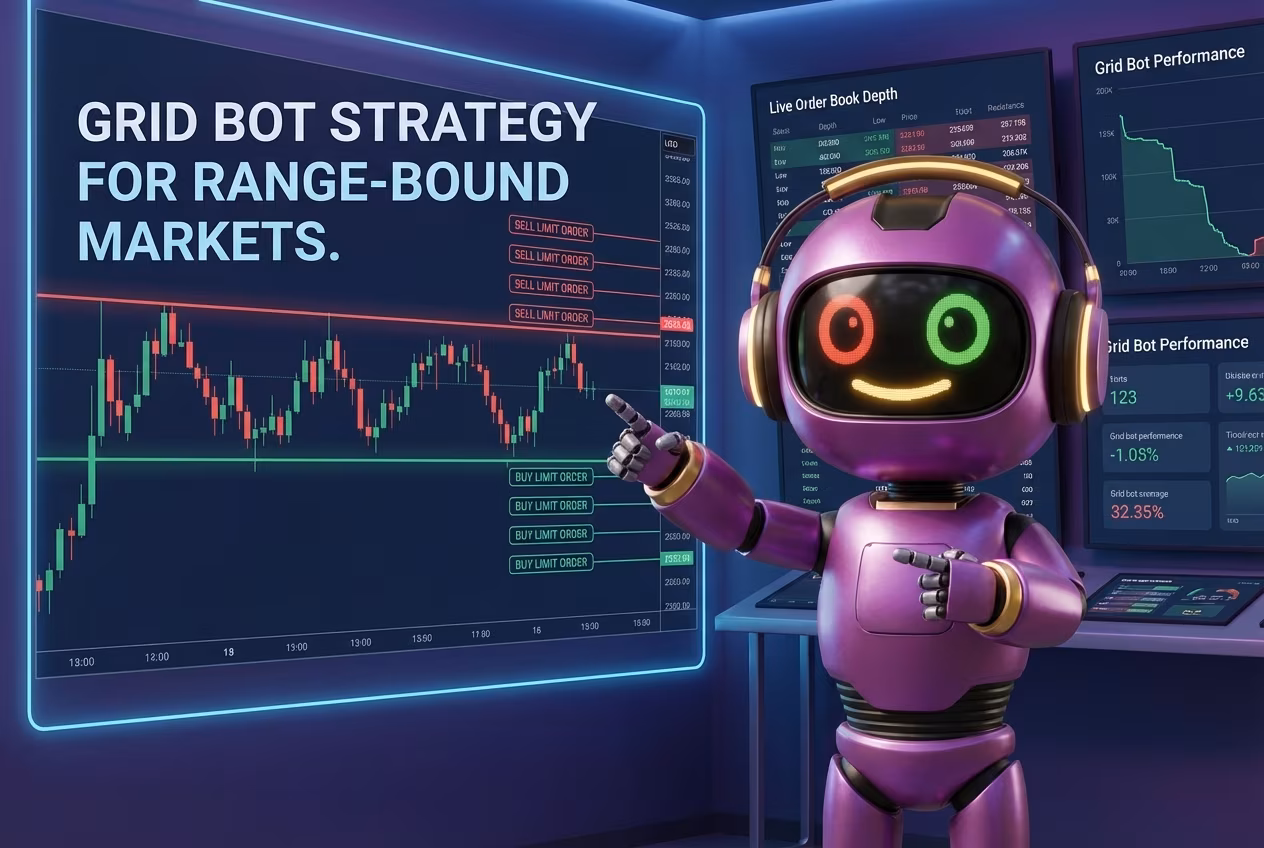 Робот объясняет работу грид бота в боковике на торговом экране