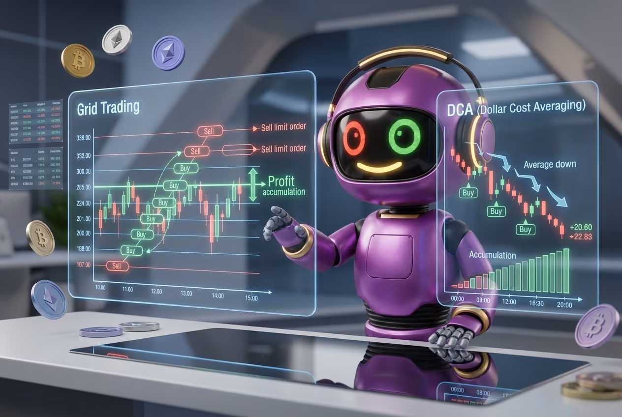 Робот-трейдер сравнивает грид трейдинг и DCA стратегии на голографических графиках