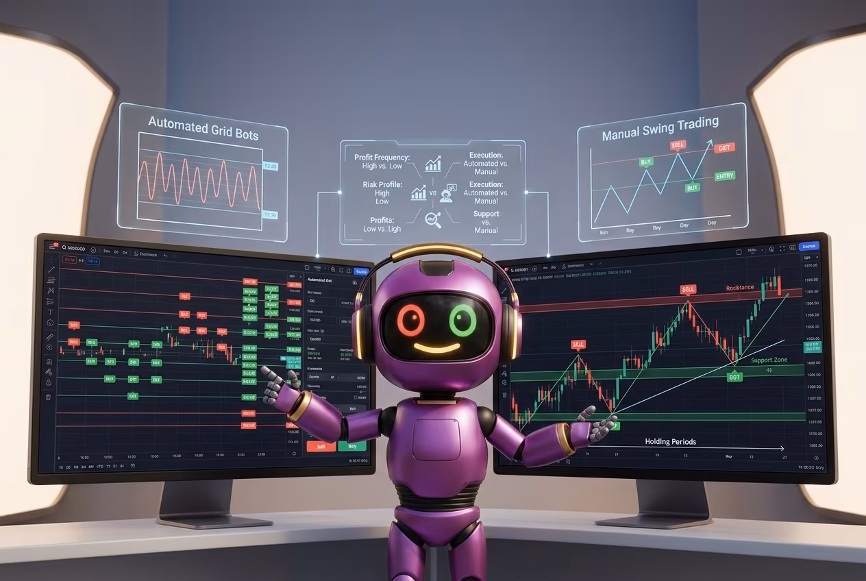 Робот-трейдер сравнивает грид трейдинг и свинг трейдинг на двух экранах
