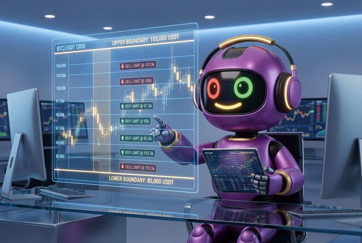 Робот-трейдер анализирует сетку ордеров BTC с границами и шагами для грид трейдинг стратегии