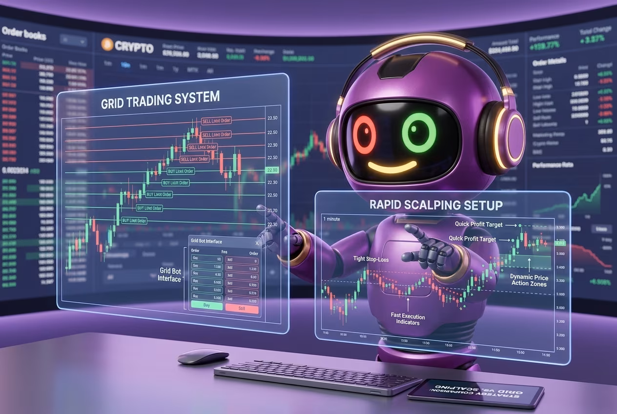 Робот-трейдер сравнивает стратегии грид трейдинг и скальпинг на голографических графиках